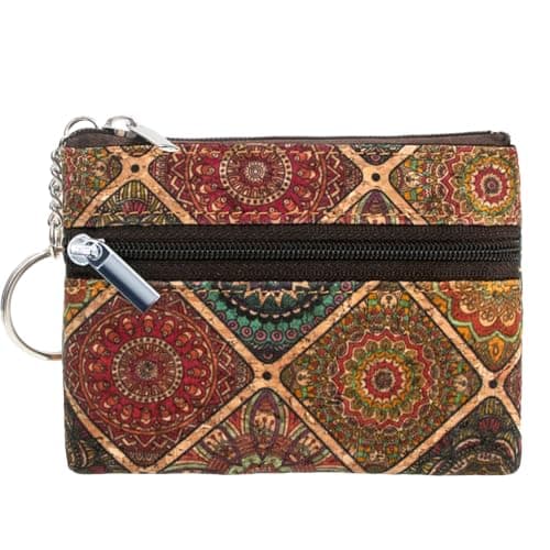 Eco-friendly Natural Cork Coin Purse, Boshiho Mini Coin Change Wallet Credit Card Holder Zipper Pouch Vegan Wallet with Key Ring Keychain, Pattern B, 4.3 x 3.3 x 0.2 inch, Fashion