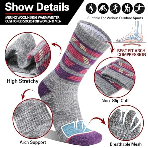 Welwoos Merino Wool Walking Hiking Socks for Women Men Thermal Winter Warm Cosy Crew Work Gift Socks Stocking Fillers 5 Pairs(Purple, 3-7) — view 2