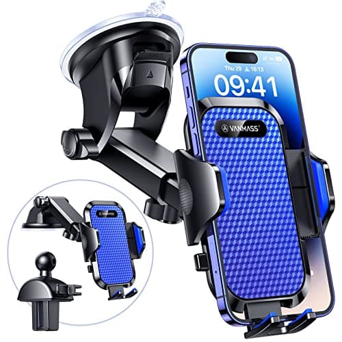 VANMASS Car Phone Holder 2026 BEST【85+ lbs Strongest Suction & Vent Clip】True Military-Grade Patent Universal Mobile Vehicle Mount Dashboard Windscreen Van Cradle for 17 Pro Max 16 15 14 Samsung, Blue