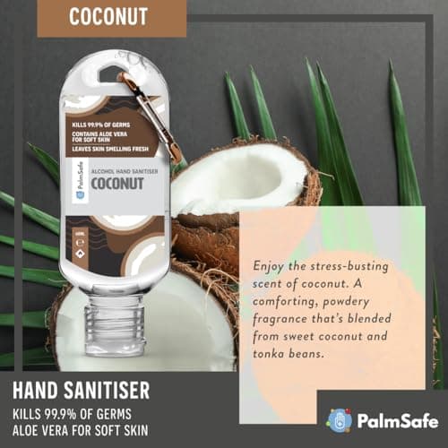Palm Safe Coconut 60ml Anti Bacterial Premium Hand Sanitiser Travel Size Refillable Clip Bottle Quick Drying Non Sticky Extra Moisturising Kills 99.9% of Viruses and Bacteria — view 4