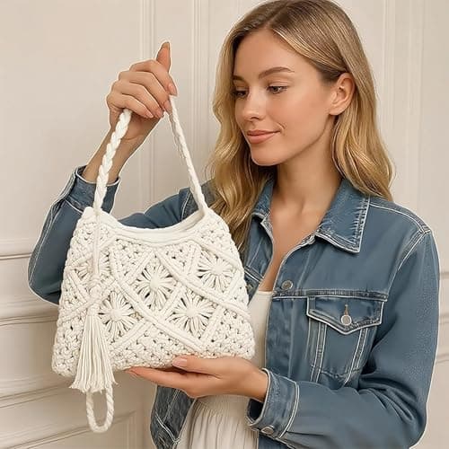 HRCOYES Cross Body Bag for Women, Handwoven Crossbody Purse, Summer Beach Straw Messenger Bag, Woven Cotton Handmade Shoulder Handbag (white) — view 3