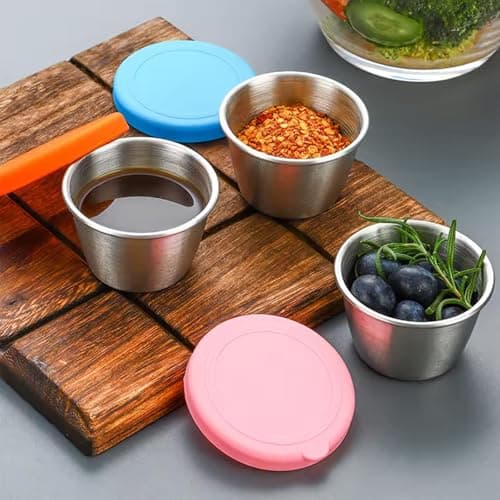 PandaEar 6 Pack 2.4 oz Stainless Steel Salad Dressing Containers with Lids, Sauce Condiment Containers with Leakproof Lids, Reusable Small Cups for Salad Dressing, Lunch Box, Travel & Meal Prep — view 6
