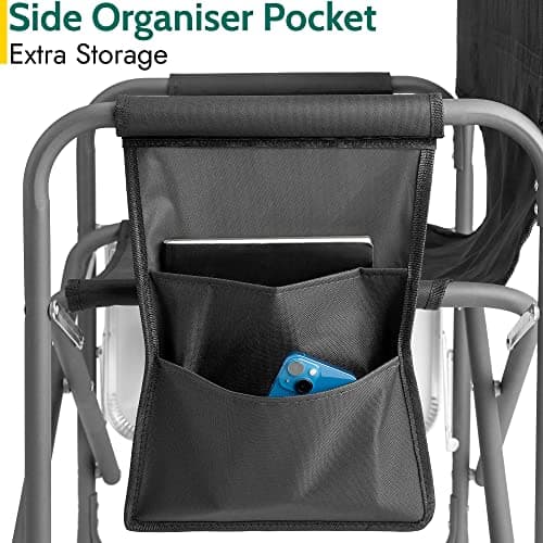 Trail Folding Directors Chair With Side Table, Cup Holder, Storage Pocket, Outdoor Camping Garden Seat, Storage Pocket, Padded Armrests, Heavy Duty Steel Frame,120kg Capacity (Black) — view 6