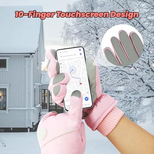 Feelorna Ski Gloves for Women, Winter Thermal Touchscreen Waterproof Gloves with Adjustable Wristband, Plush Lining Windproof Warm Snowboard Snow Glove for Skiing Cycling Running (pink) — view 3