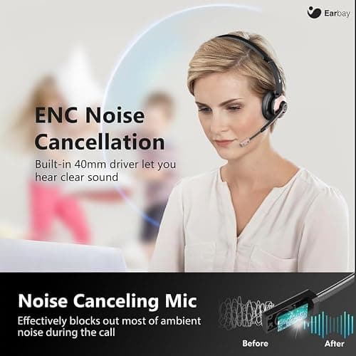 Earbay Wireless Headset, Bluetooth Headphones with Microphone Noise Canceling & USB Dongle, Office Headset with Charge Dock for Mobile Phone Computer Tablet Work Skype Zoom Conference Call Center — view 2
