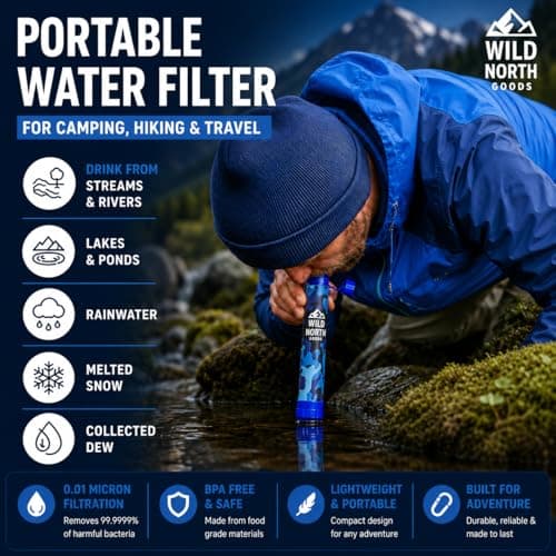 Wild North Goods Water Filter Straw with Bottle, Portable Camping Water Filter & Survival Water Purifier for Hiking, Travel, Fishing, Backpacking & Emergency Kit — view 2
