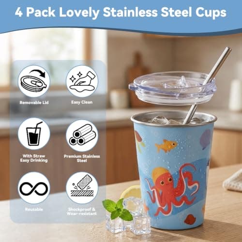 TranRantic 350ml Stainless Steel Cups with Straw & Lid, 4pcs Leakproof — view 2