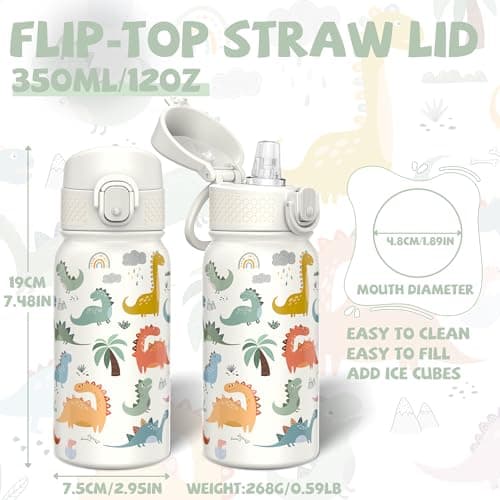 GOPPUS 350ml/12oz Kids Stainless Steel Water Bottle with Straw Toddler Drinks Bottle with Handle Small Insulated Bottles School Cold Metal Flask with Flip Top Lid BPA Free (White Dinosaur) — view 2
