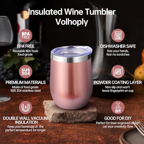 Volhoply 12oz Stainless Steel Wine Tumbler with Lid and Straw,350ml Double Wall Vacuum Insulated Stemless Wine Glasses,Travel Coffee Mug for Cold Drinks,Tumblers Gifts for Women Men（Rose Gold,1 Set） — view 3