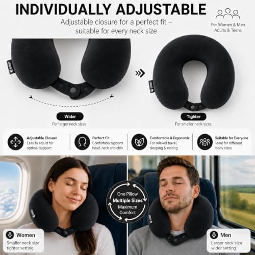 Egret Memory Foam Travel Neck Pillow, 360° Head, Neck & Chin Support, 2-Level Adjustable Neck Pillow for Travel with Removable Washable Cover, for Long Flights (Black — view 5
