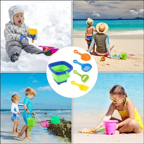 NQEUEPN 6pcs Beach Toys Set, Collapsible Bucket with 4 Shovels Sand Toys & Mesh Bag Foldable Portable Travel Beach Bucket Sand Toys for Kids Boys Girls Fun Summer Beach Party Activities (Blue) — view 6