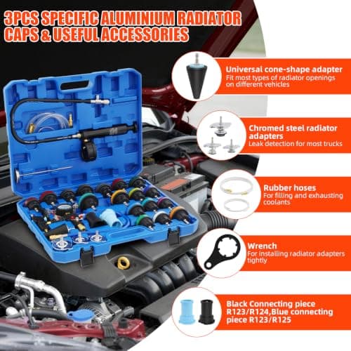 LIKEEM 28PCS Coolant Pressure Tester Kit, Universal Radiator Leak Detector with Vacuum Purge and Coolant Refill Tool, Complete Cooling System Test Set with Multi-Size Adapters for Most Car Brands — view 6