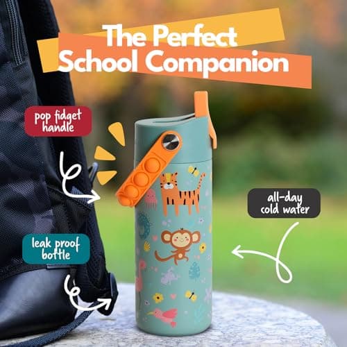Elemental Insulated Kids Water Bottle, Stainless Steel Water Bottle with Straw Lid & Pop-It Handle, Leak-Proof Water Bottles for School, Boys or Girls, Travelling and Sports, 530ml - Safari — view 4