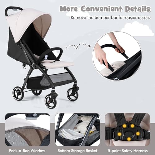COSTWAY Baby Pushchair, One Hand Foldable Toddler Stroller with Adjustable Backrest & Canopy, 5-Point Harness, Storage Basket, Lightweight Travel Pram for Infants 0-36 Months (Beige) — view 5