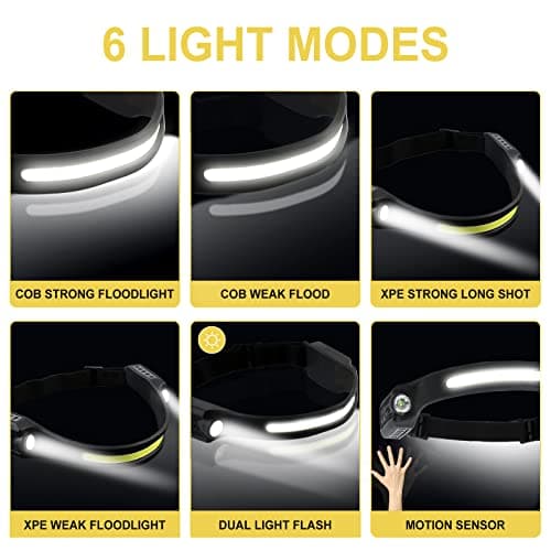 Head Torch Headlamp 2 Packs 6 Modes Motion Sensor Headlight 260 Degree Widen View Rechargeable LED Headtorch IPX4 Waterproof Hands-Free Flashlight gift for Adults Kids Camping,Running,Fishing,Cycling — view 3