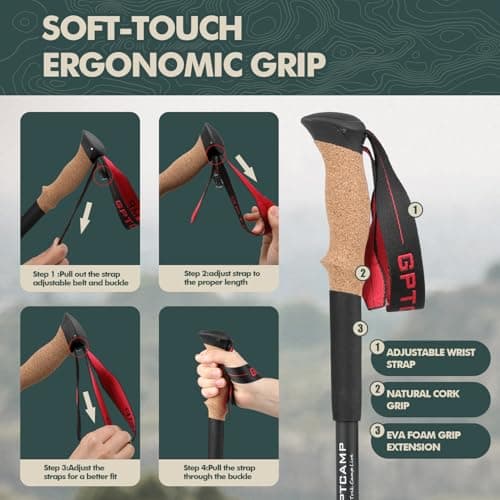 GPTCAMP Walking Sticks,Trekking Poles Collapsible Hiking Poles,Lightweight Folding Travel Walking Pole for Men Women,2pc Adjustable Hiking Stick with EVA Foam Grips for Backpacking,Red — view 5