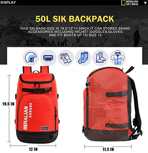 MERALIAN Ski Boot Bag - 50L Ski Boot Travel Backpack Waterproof Snowboard Boot Backpack for Travel Stores Gear Including Helmet, Goggles and Outerwear.(Red-03) — view 4