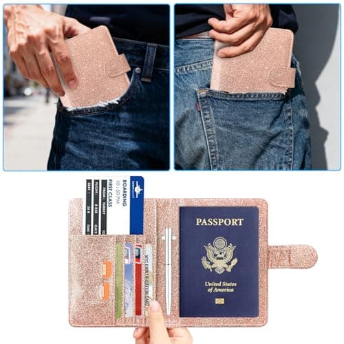 ACdream Passport Holder Cover, Protective Premium Leather RFID Blocking Wallet Travel Case for Passport/Credit Card/Air Ticket,, AA - Glitter Rose gold, 1, Rfid Wallet — view 3