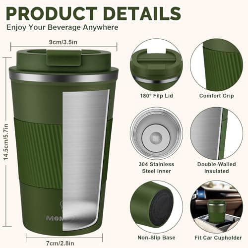 MOMSIV Coffee Cup, Insulated Coffee Cup with Leakproof Lid, Non-Slip Vacuum Reusable Stainless Steel Eco-Friendly Travel Office Mug for Hot and Cold Water Coffee and Tea, 380ml/13oz(ArmyGreen) — view 2