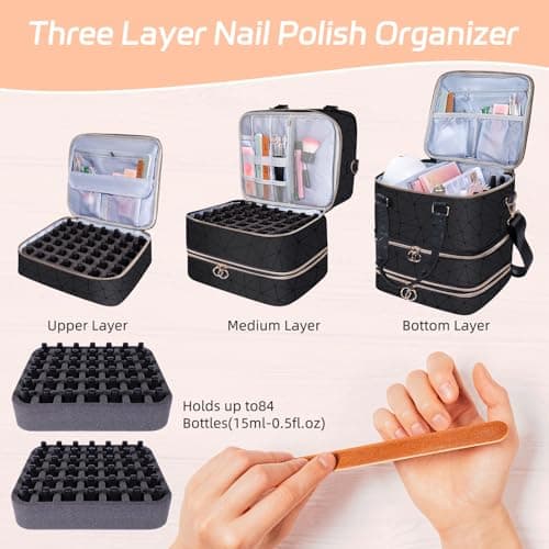 Nail Polish Organizer Case,3 Layer Nail Lamp Storage Bag Holds 84 Bottles (15ml/0.5 fl.oz) Nail Bag &Nail Lamp,Nail Polish Carrying Case Nail Kit Supplies Organizer Bag - Black — view 5