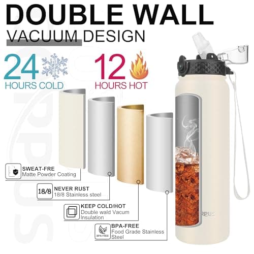 GOPPUS 1L/32oz Stainless Water Bottle with Straw Double Wall Insulated Bottles with Strap Reusable Vacuum Thermal Flask Leakproof Keep Cold Drinks Bottles with Flip Top Lid BPA Free (Beige) — view 5