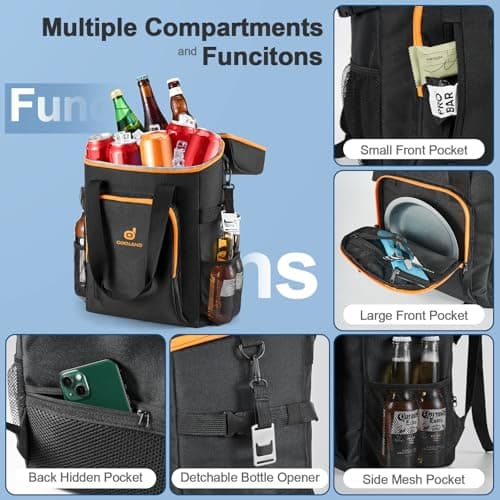 Odoland Cool Bag 22L with 3 Ice Pack - Insulated Cooler Backpack 30 cans Waterproof Hand Thermal Bags with Bottle Opener for Camping, Travel, Picnic and Fishing Black — view 5