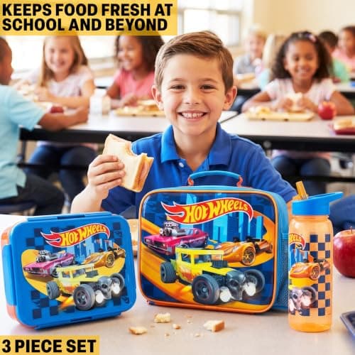 Get Trend Hot Wheels Kids Insulated Lunch Bag 3Pc Set with Bento Lunch Box & 640ml BPA-Free Water Bottle with Straw, Kids Snack Box with Compartments, School Supplies Boys Gifts (Multi Hot Wheels) — view 3