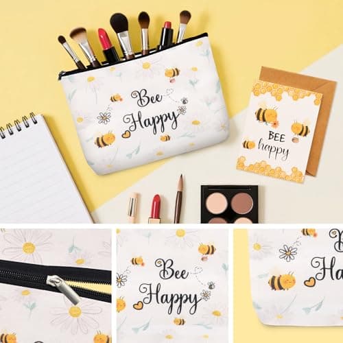 Bee Themed Gifts Set for Women - Funny Honeybee Gift Box Include 12 oz Bee Stainless Steel Tumbler with Straw & Brush Bee Cosmetic Bag Keychain Bookmark for Birthday Gifts — view 6
