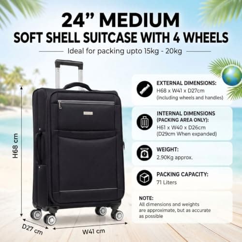 DK Luggage Ultra Lightweight Only 2.9kg Medium 24 Inch Soft Shell Suitcase, 4 Wheel Spinner, Checked Luggage, 15kg–20kg Capacity, Expandable Travel Case (WLS Black, Medium) — view 2