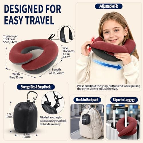 BUYUE Kids Travel Pillows for Airplane, 360° Head Support Sleeping Essentials for Boys Long Flight, Skin-Friendly Soft Neck Pillow for Traveling in Car Seat, (Small, Red-grey, 40-90 lbs) — view 5