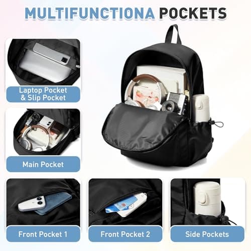 HYC00 School Backpack for Teens Secondary School Bag Girls Boys College Backpack Water Resistant 15.6” Laptop Backpacks for Women Men Anti Theft Rucksack Bags Work Bookbag Student Casual Daypack,Black — view 4