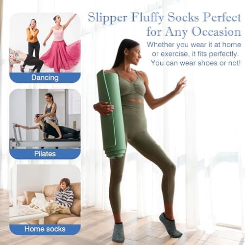 VEGCOO 5 Pairs Fluffy Slipper Socks Women, Non-slip Totes Slipper Socks UK 4-7 for House Floor Bed Sleeping Yoga(Black/Dark Grey/Dark Khaki/Dark Blue/Dark Pink) — view 6