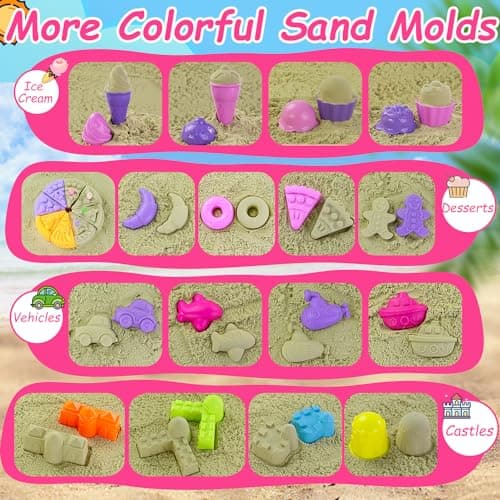 Elovien Beach Sand Toys, 50Pcs Sandpit Toys with 2 Collapsible Buckets and Spade, Mesh Backpack Bag, Ice Cream, Cake & Castle Sand Molds, Summer Outdoor Travel Toys for Kids Toddlers Girls — view 3