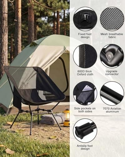 Folding Camping Chair, Ultra Lightweight Aluminum Compact Portable Chair, 150kg Load Capacity, Backrest, 3-Sided Breathable Mesh, Side Pocket, Strong & Sturdy, Quick Setup, Gift for Dad - Black — view 4