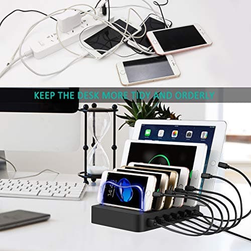 PRITEK Smart IC USB Charger with Cables for Cellphones, Tablets, Earphones and More - 6 Ports Multi Device Charger Station (Black) [Original: Organizer; Updated: Docking Station] — view 5
