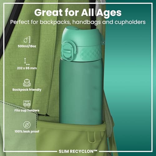Ion8 Water Bottle, 500 ml/18 oz, Leak Proof, Easy to Open, Secure Lock, Dishwasher Safe, BPA Free, Hygienic Flip Cover, Carry Handle, Fits Cup Holders, Easy Clean, Carbon Neutral, Teal Green — view 2