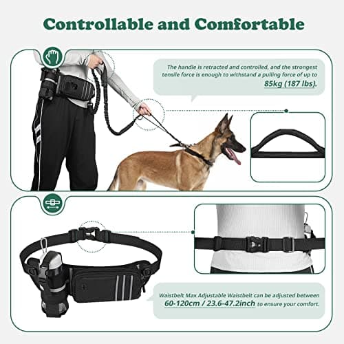 Hands Free Running Dog Lead with Waist Belt & Storage Bag, Shock Absorbing Bungee Lead with Double Handle, Waist Leash with Water Bottle Holder for Jogging Hiking Training — view 5