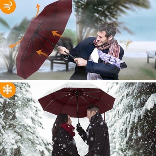 TECKNET Windproof Automatic Umbrella - Strong Compact Travel, Large Wind Resistant With 10 Ribs, Folding Lightweight Golf for Rain - Men, Red — view 3