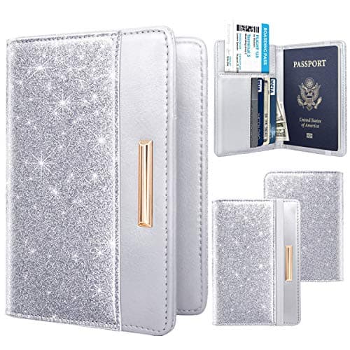 Passport Holder Cover Travel RFID Blocking Passport Cover Rose Gold Cute Flowers Passport Wallet with Elastic Band for Women, Silver, Casual — view 2