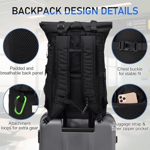 Kasgo Roll-Top Backpack, 15.6" Laptop Uni Work Travel Rucksack Black — view 5