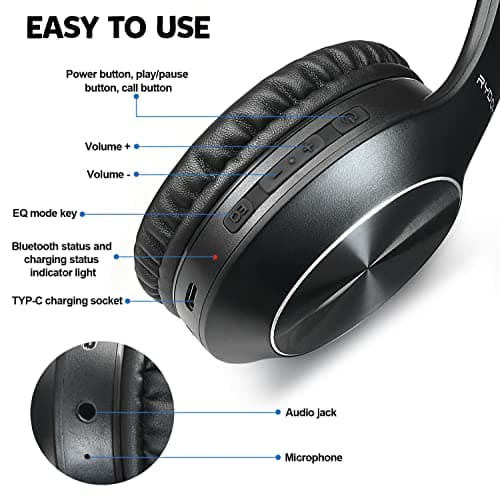 Rydohi Bluetooth Headphones Over Ear, 68H Playtime and 3 EQ Music Modes Wireless Headphones with Microphone/Deep Bass, HiFi Stereo Foldable Lightweight Headset for PC Home Travel Office (BLACK) — view 6