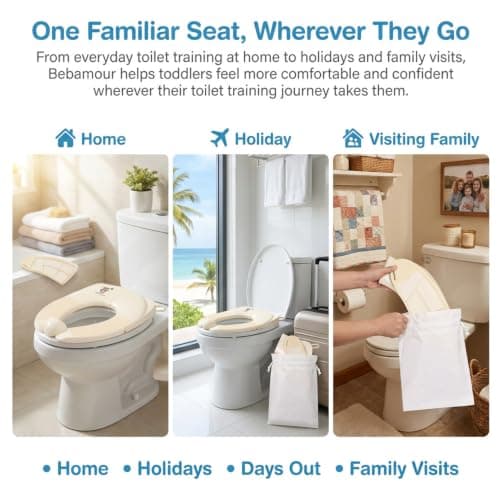 Bebamour Foldable Toddler Toilet Seat, Portable Travel Potty Training Seat with Non-Slip Pads & Splash Guard, Compact Lightweight Toilet Trainer for Boys & Girls, Fits Standard UK Toilets, Khaki — view 3