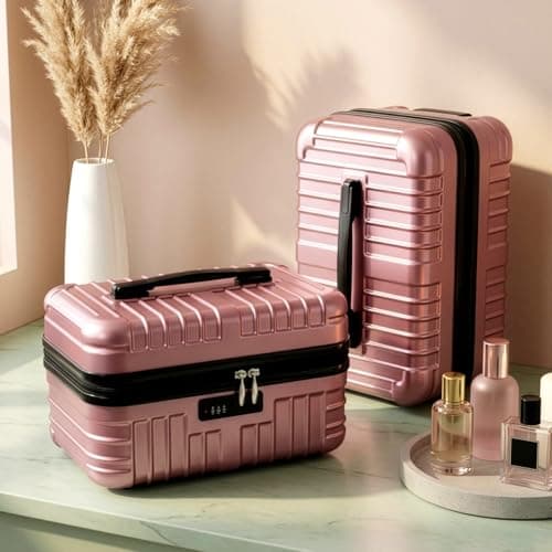 FERNVALE 2-Pack Travel Suitcase Cosmetic Box Lightweight Portable Makeup Case Retro Hand Luggage Organizer Small Carry On Boarding Travel Case with Password Lock for Business Trip Vacation Rose Gold — view 4