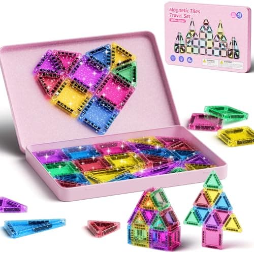 Travel Magnetic Tiles Glitter Construction Set 42pcs Travel Toys for Kids MINI Magnet Tiles with Iron Box Base, Magnetic Building Blocks Stem Toy Gift for 3+ Years Girl