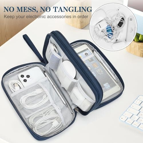 FYY Travel Cable Organiser, Electronics Accessories Bag, Waterproof Tech Storage Pouch, 2-Layer Universal Carry Case for Charger, Power Bank, Hard Drive Large-Navy Blue — view 5