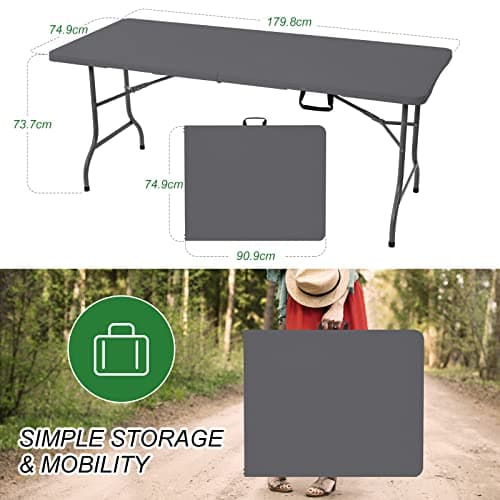 Rainberg 6ft Heavy Duty Plastic Folding Table for Picnic, Camping, Garden, Outdoor Dining, BBQ (Grey, 180cm x 75cm) — view 2
