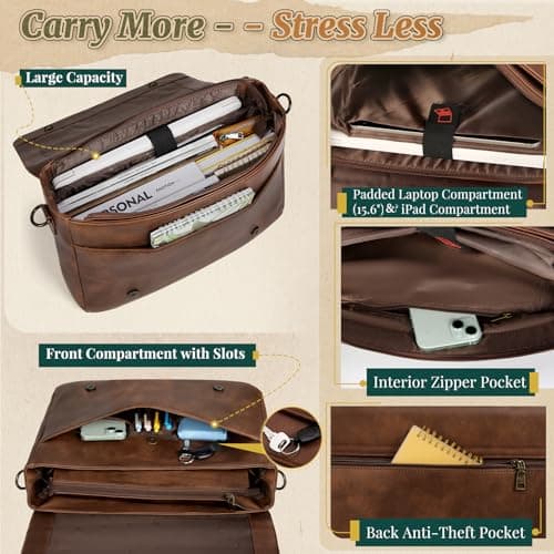 RAINSMORE Laptop Messenger Bag 15.6 Inch, Waterproof Vintage Vegan Leather Briefcase for Men, Large Professional Business Satchel, Work Shoulder Bag for Office University Travel & Computer Brown — view 3