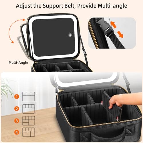 Travel Makeup Bag Cosmetic Bag Make up Organizer Bag with Large Lighted Mirror 3 Color Modes Adjustable Brightness, Waterproof PU Leather Makeup Travel Case Makeup Train Case Toiletry Gift Accessories — view 5