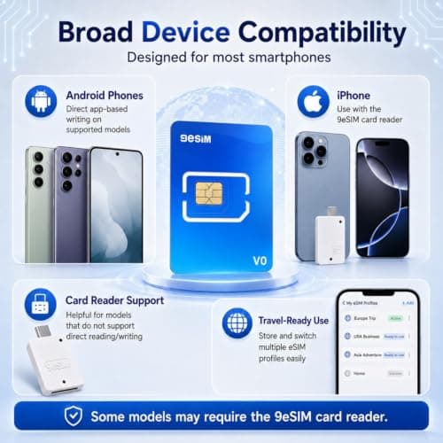 9ESIM V0 eSIM Card & Reader Kit for Unlocked Smartphones, 480KB Storage - SIM to eSIM Adapter, 15 Profiles, Offline STK Menu, Unlimited Downloads, Pre-Cut Sizes, Global Travel USA/Europe/Japan/China — view 4
