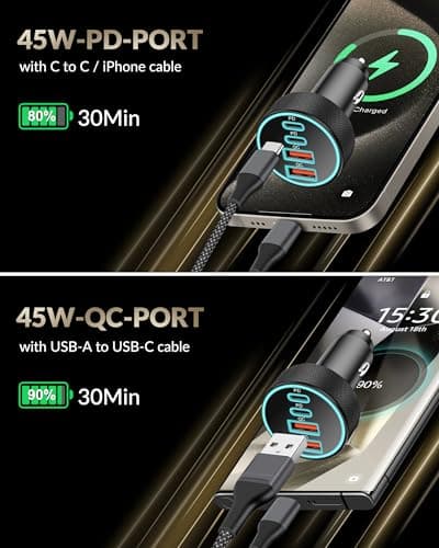 90W 4-Port USB C Car Charger & Cable for iPhone 17 16 15 Samsung S26/S25 — view 3